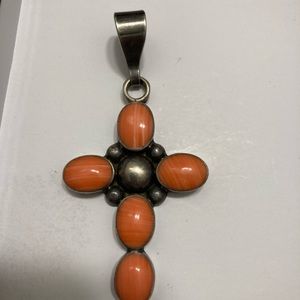 Native American pink, coral cross necklace charm